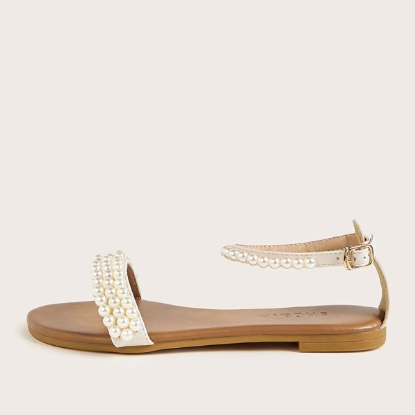 

Faux Pearl Decor Ankle Strap Sandals, Beige