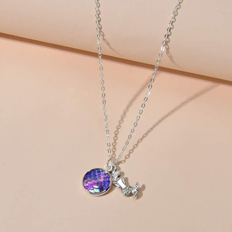 

1pc Fish Scale Textured Fishtail Charm Necklace, Purple