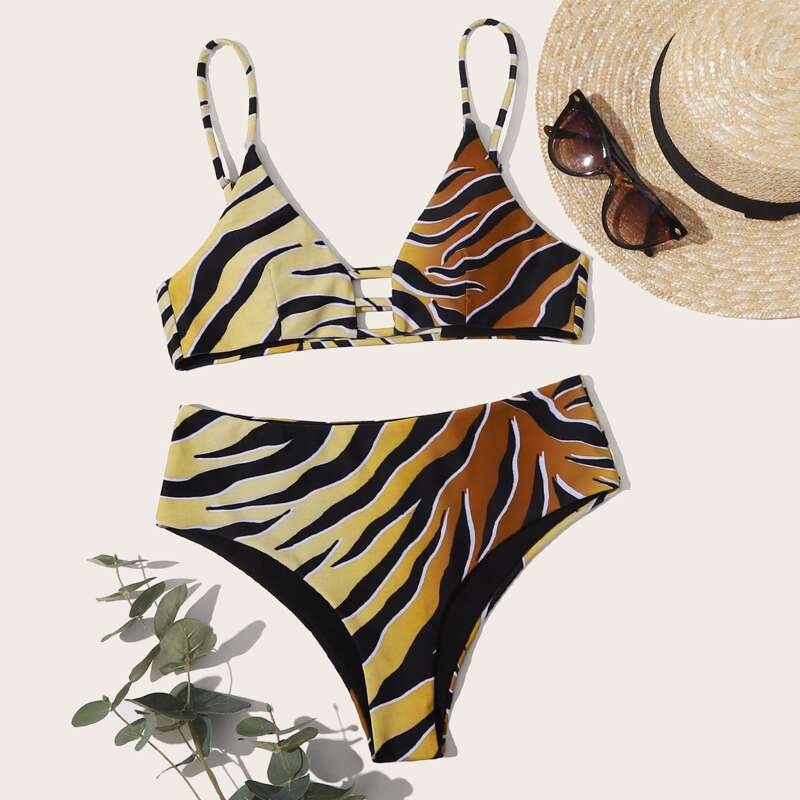 

Zebra Stripe Print Bikini Swimsuit, Multicolor