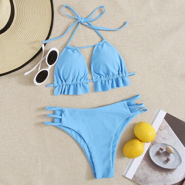 

Ruffle Trim Cut-out Triangle Bikini Swimsuit, Blue