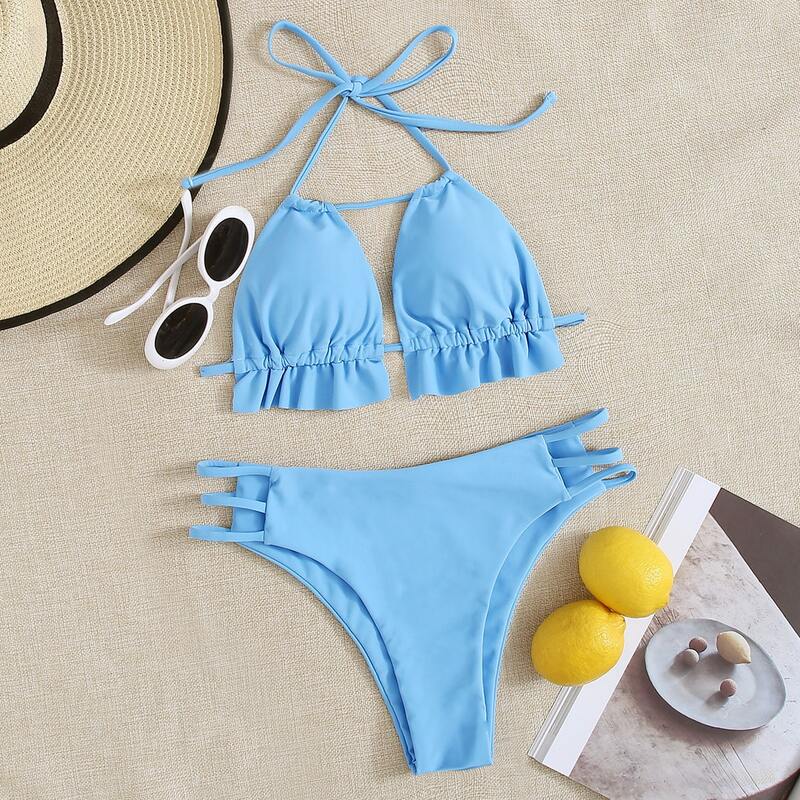

Ruffle Trim Cut-out Triangle Bikini Swimsuit, Blue