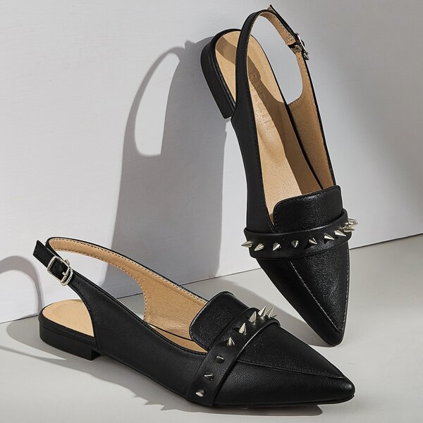 

Studded Decor Point Toe Loafers, Black