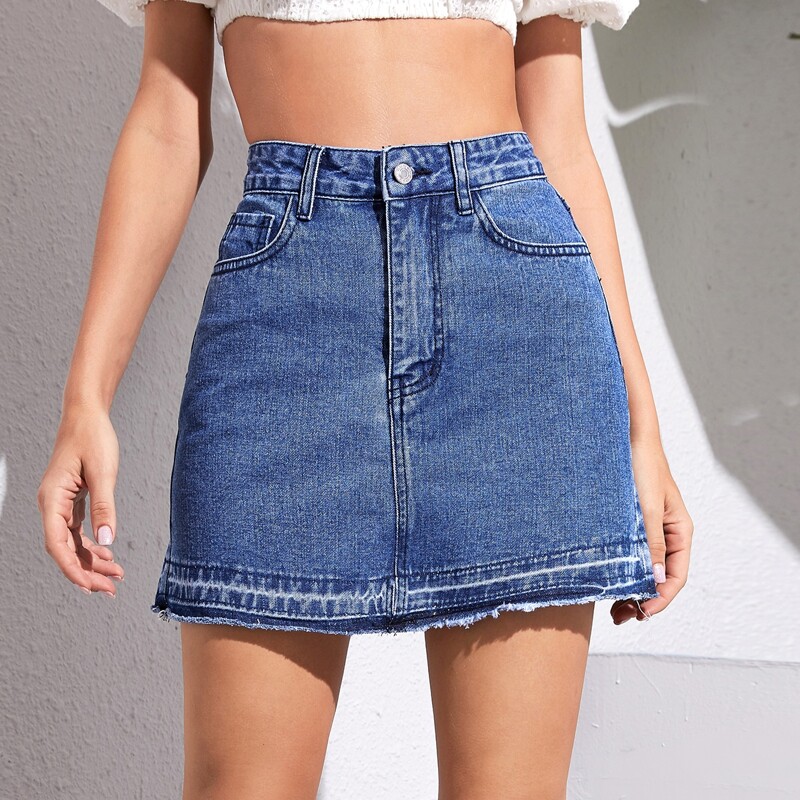 

Raw Hem High Waist Denim Skirt, Blue