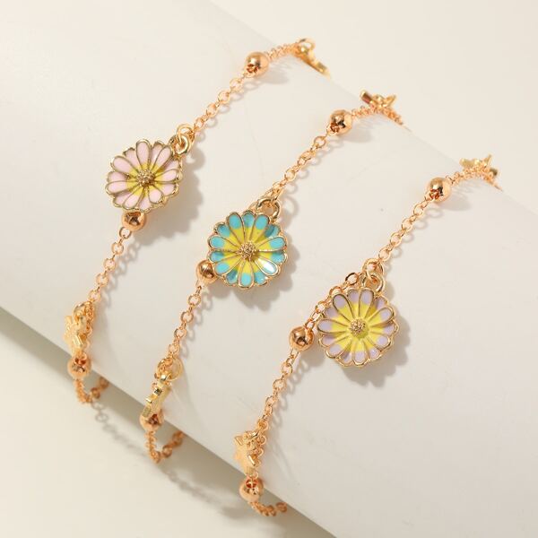 

3pcs Toddler Girls Daisy Decor Bracelet, Gold