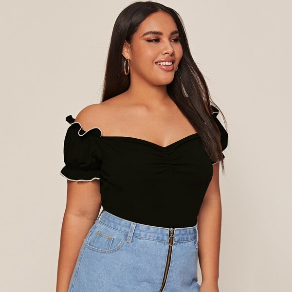 

Plus Frill Trim Off The Shoulder Tee, Black