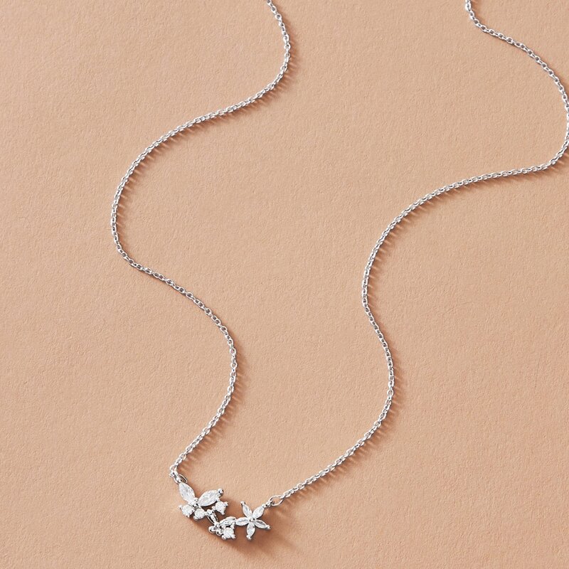 

1pc Rhinestone Decor Flower Decor Necklace, Silver