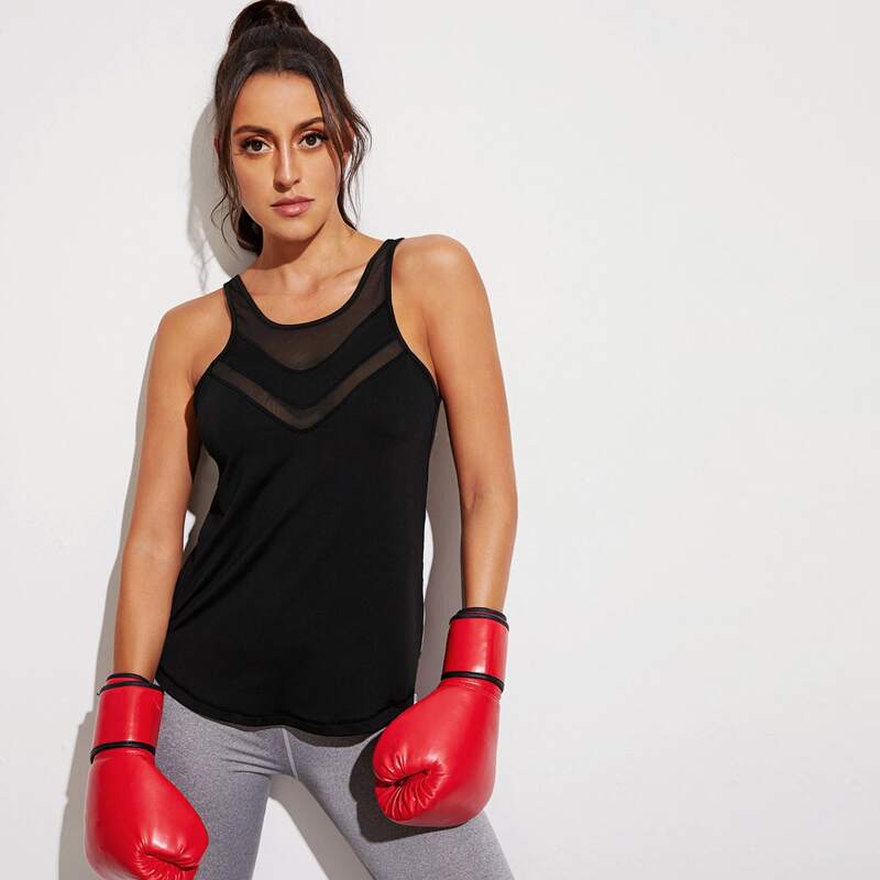 

Mesh Panel Sports Tank Top, Black