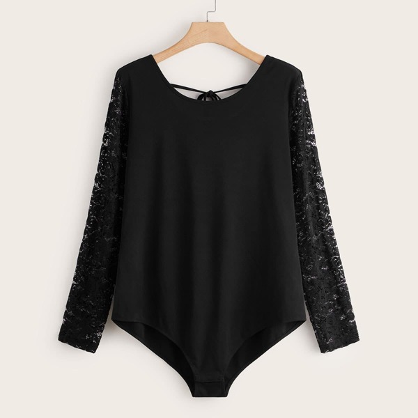 

Plus Tie Back Lace Sleeve Bodysuit, Black