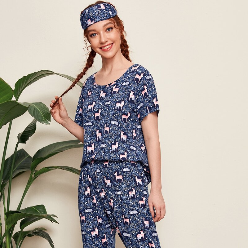 

Deer And Plants Print PJ Set & Eye Cover, Navy blue