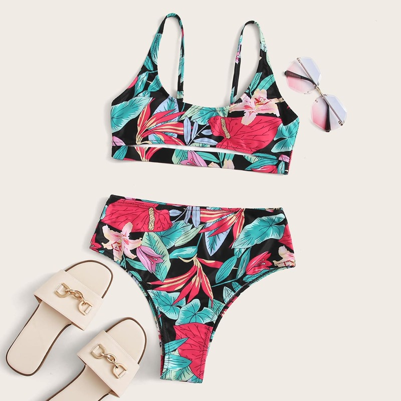 

Plant Random Print High Waisted Bikini Swimsuit, Multicolor