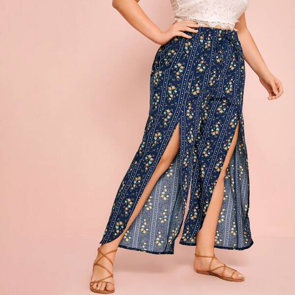 

Plus Split Thigh Tie Front Floral Print Pants, Navy