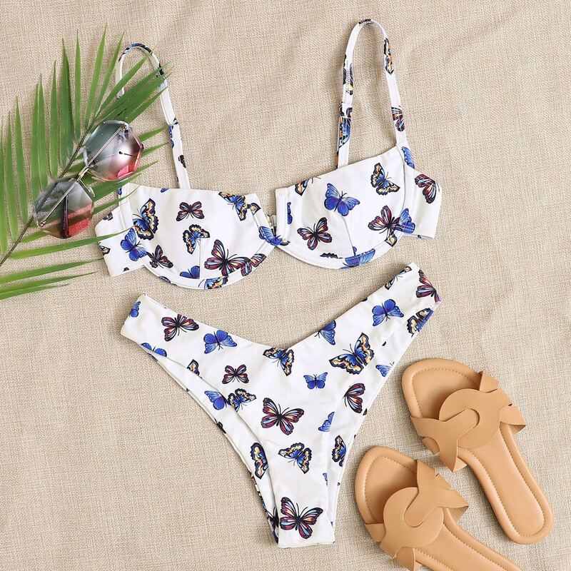 

Butterfly Print V Wired Underwire Bikini Swimsuit, White