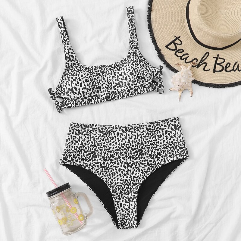 

Allover Graphic High Waisted Bikini Swimsuit, Black and white