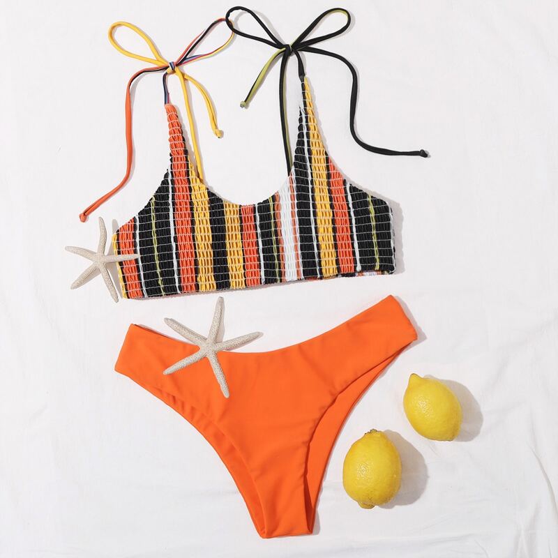 

Striped Smocked Tie Shoulder Bikini Swimsuit, Multicolor