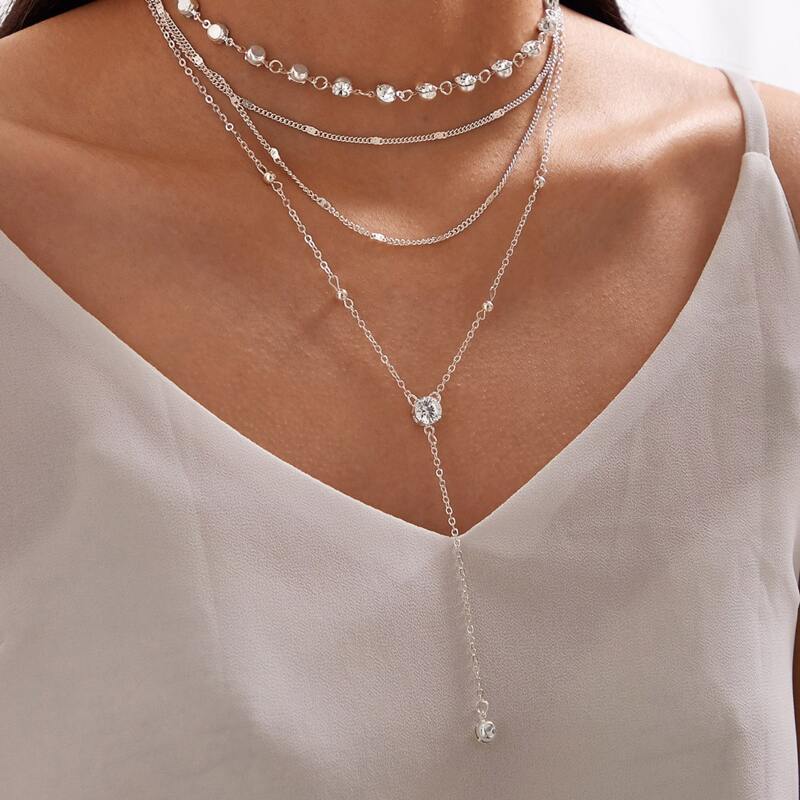

2pcs Rhinestone Decor Y-lariat Necklace, Silver