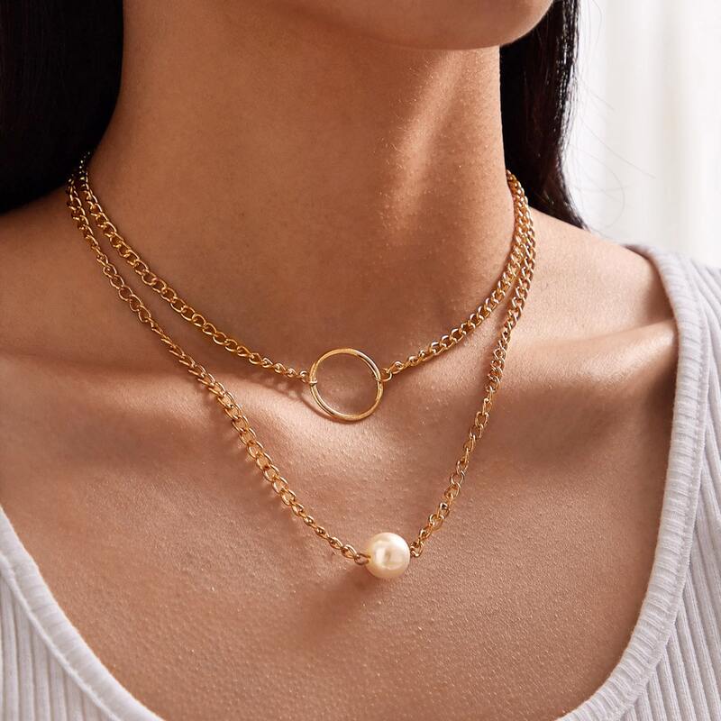 

1pc Pearl & Ring Decor Layered Chain Necklace, Gold