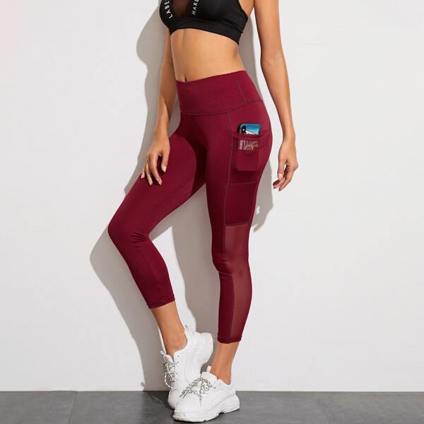 

Topstitching Mesh Panel Sports Leggings With Phone Pocket, Burgundy