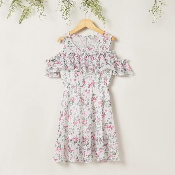 

Girls Floral Cold Shoulder Ruffle Chiffon Dress, Multicolor