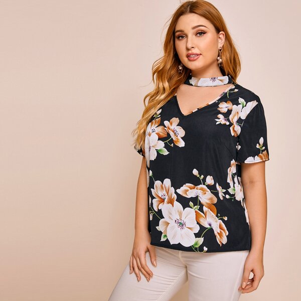 

Plus Keyhole Neck Floral Print Top, Black