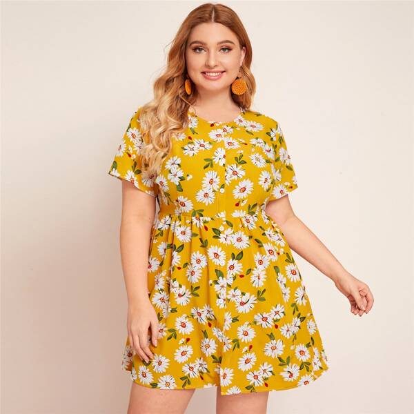 

Plus Allover Floral Button Front A-line Dress, Yellow