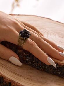 1pc Flower Decor Hollow Out Cuff Ring - Black - View 1