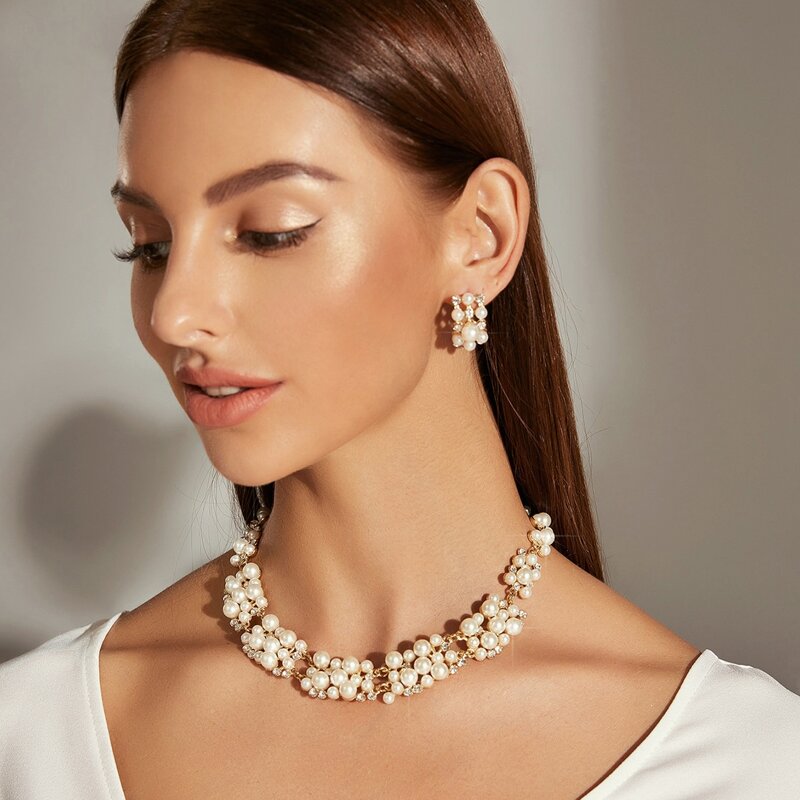 

3pcs Faux Pearl & Rhinestone Decor Necklace & Earrings, White