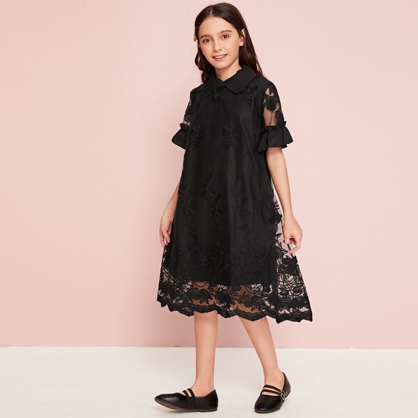 

Girls Flounce Sleeve Zipper Back Lace Dress, Black