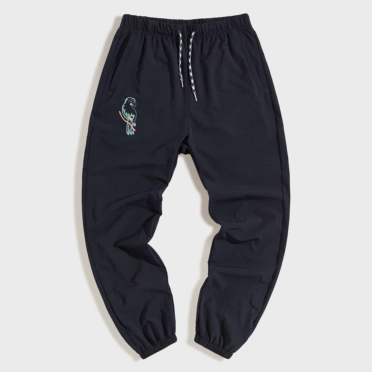 

Guys Drawstring Waist Bird Embroidery Pants, Navy