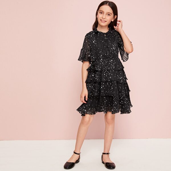 

Girls Galaxy Print Layered Chiffon A-line Dress, Black