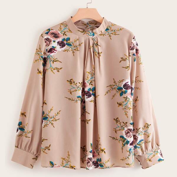 

Plus Floral Print Mock Neck Blouse, Beige