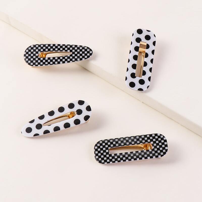 

4pcs Polka Dot & Plaid Pattern Hair Clip, Black and white