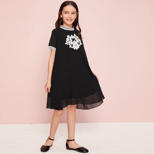

Girls Guipure Lace Panel Chiffon Dress, Black