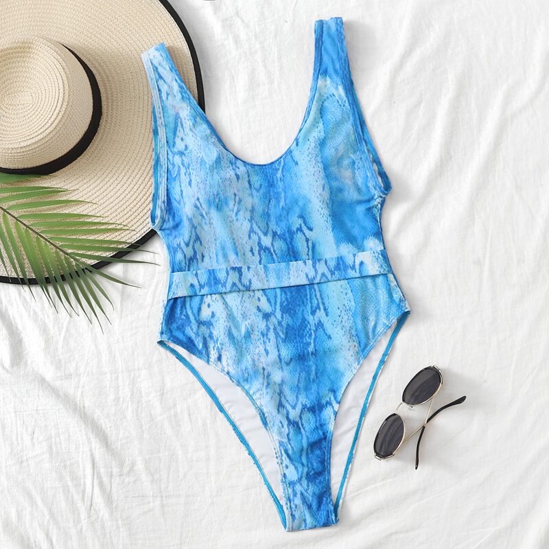 

Snakeskin High Leg One Piece Swimsuit, Blue
