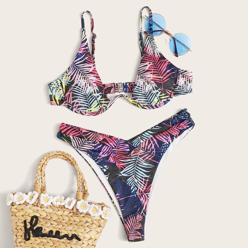 

Palm Leaf Print Underwire High Cut Bikini Swimsuit, Multicolor