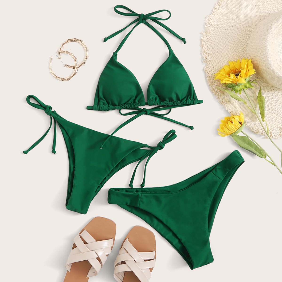 

3pcs Triangle Tie Back Co-ord Bikini Swimsuit, Dark green