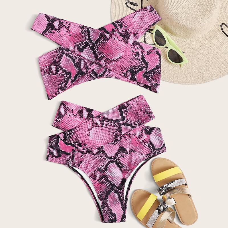 

Snakeskin Criss Cross Bardot Bikini Swimsuit, Multicolor
