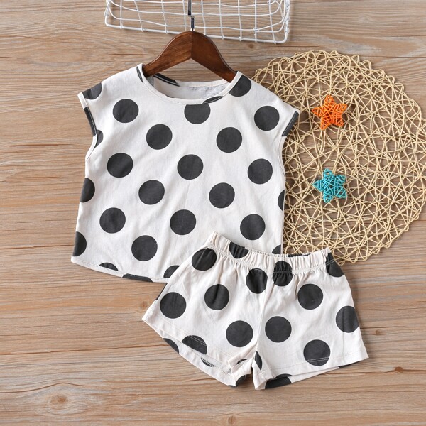 

Toddler Girls Polka Dot Print Top With Shorts, Black and white
