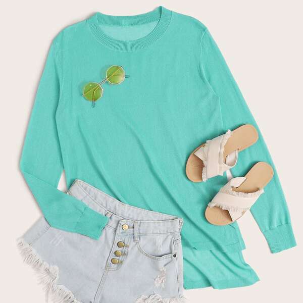

Slit High Low Sheer Sweater, Green