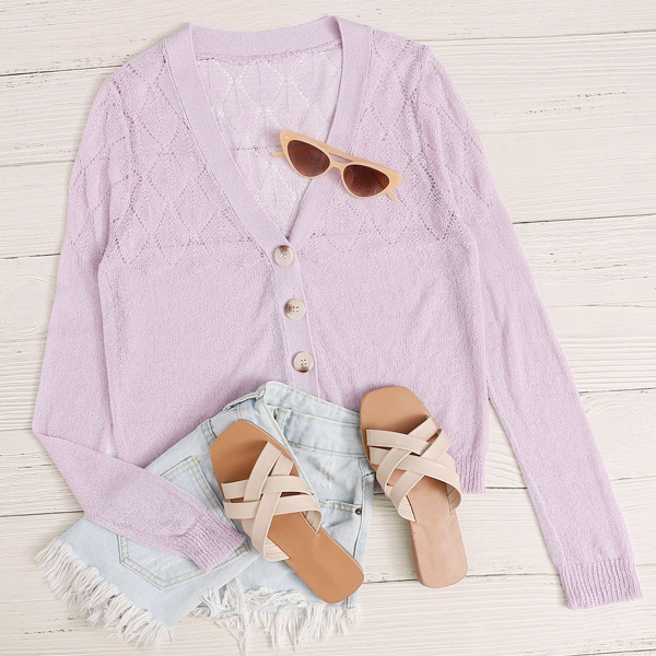 

Pointelle Knit Button Front Sheer Cardigan, Purple pastel