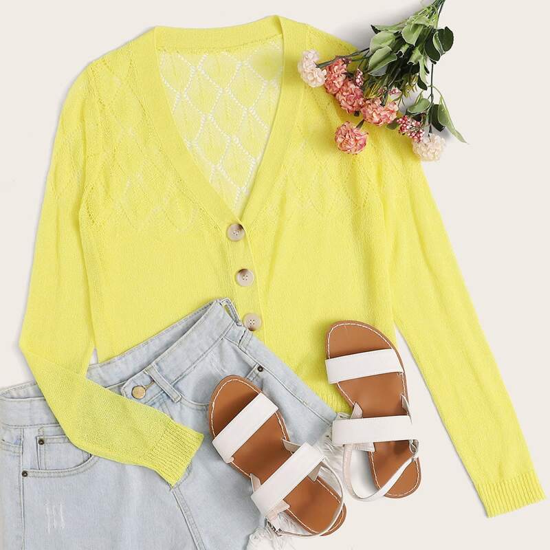 

Pointelle Knit Button Front Sheer Cardigan, Yellow bright