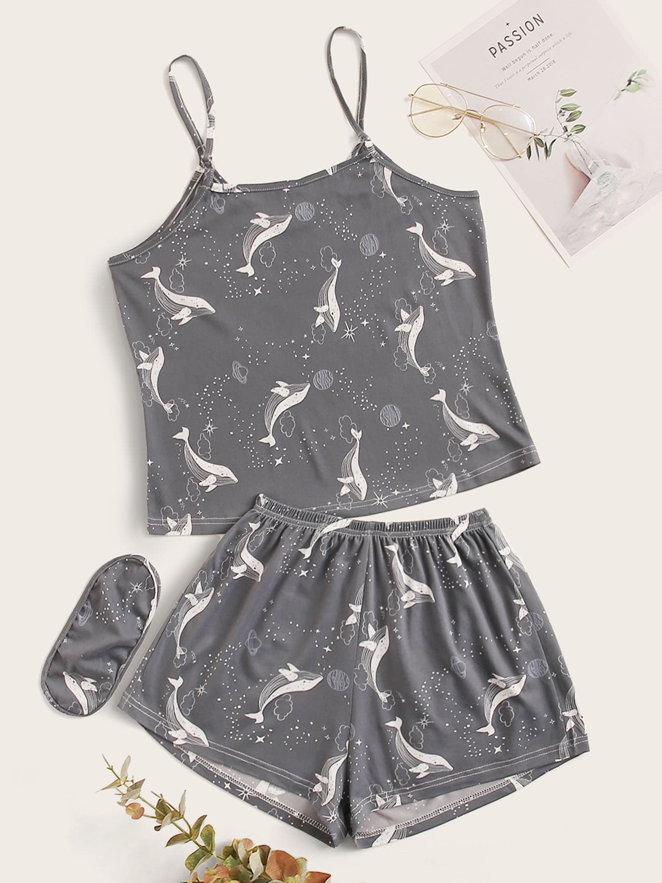 Plus Whale And Galaxy Cami PJ Set & Eye Cover - Grey - View 1