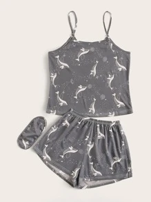 Plus Whale And Galaxy Cami PJ Set & Eye Cover - Grey - View 3