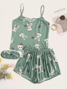 Plus Cartoon Rabbit & Polka Dot Cami & Shorts PJ Set & Eye Mask - Green - View 1