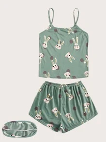 Plus Cartoon Rabbit & Polka Dot Cami & Shorts PJ Set & Eye Mask - Green - View 2