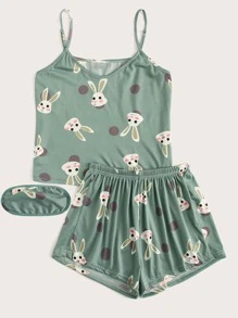 Plus Cartoon Rabbit & Polka Dot Cami & Shorts PJ Set & Eye Mask - Green - View 4
