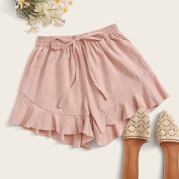 

Plus Tie Waist Ruffle Hem Shorts, Pastel pink