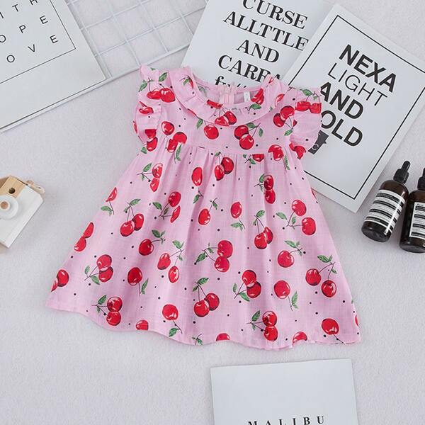 

Toddler Girls Cherry Print Ruffle Trim Babydoll Blouse, Pink