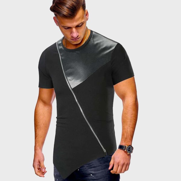 

Men PU Panel Diagonal Zipper Asymmetrical Tee, Black