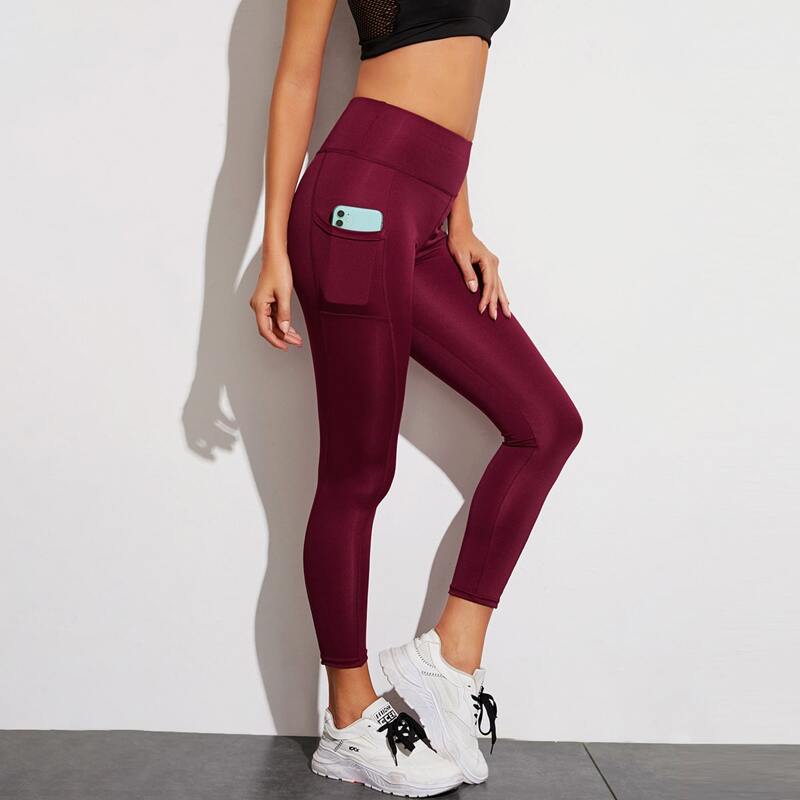 

Wide Band Waist Sports Leggings With Phone Pocket, Burgundy