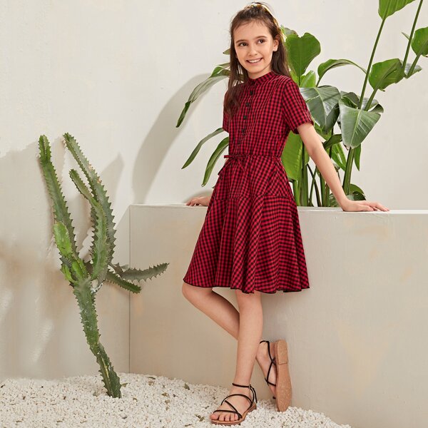 

Girls Mock-Neck Buttoned Front Tie Waist Gingham Dress, Red